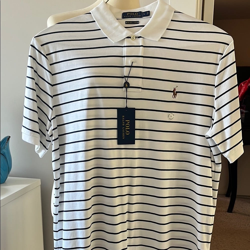 Polo by Ralph Lauren Men's White and Navy Striped Polo Sz. Large
